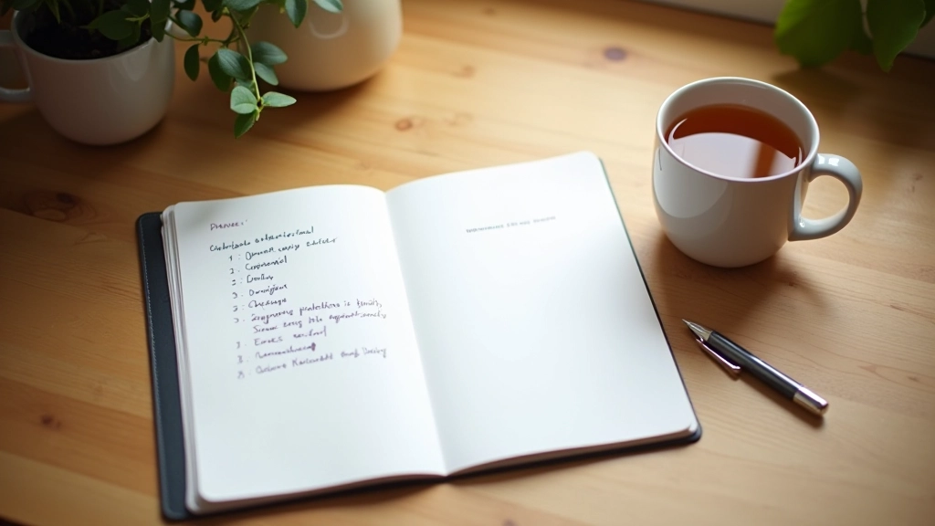 Poznámkový blok s plánováním víkendu, tužka a šálek čaje na dřevěném stole