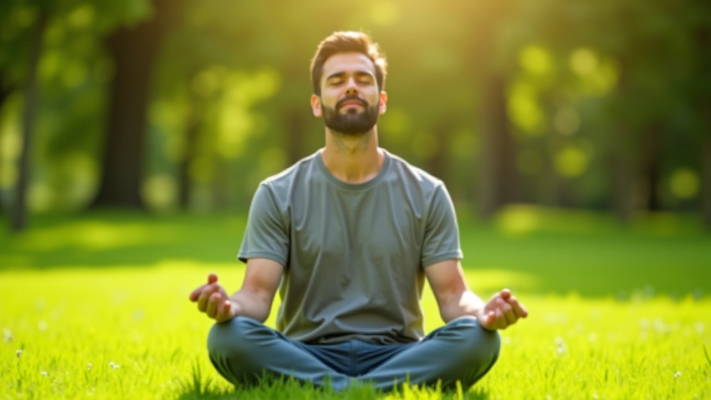 Muž sedí venku na trávě a provádí cvičení mindfulness v přírodě