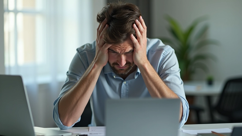 Muž sedící u stolu s hlavou v rukou, viditelně frustrován a stresovaný