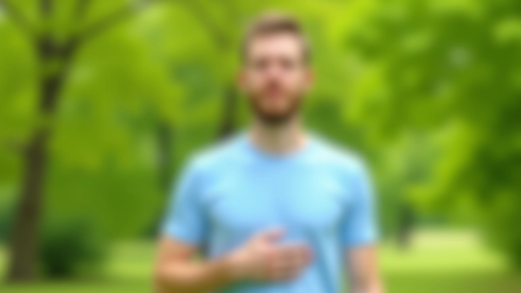 Muž provádí dechová cvičení venku v přírodě, slunečné počasí