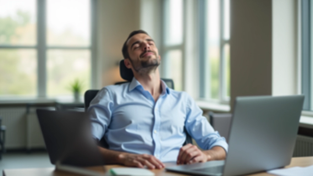 Muž pracuje na notebooku a má krátkou pauzu na dechová cvičení