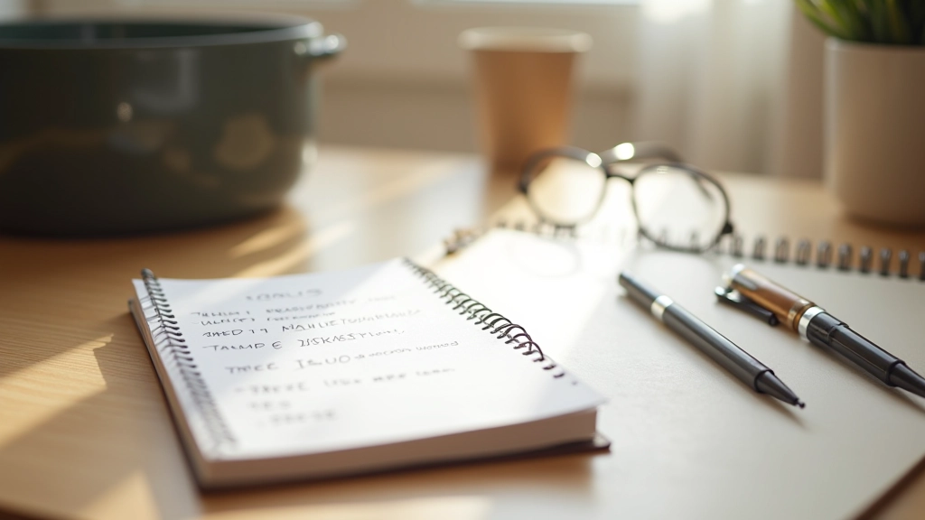 Zápisník a pero na stole s kávou, plánování denního režimu