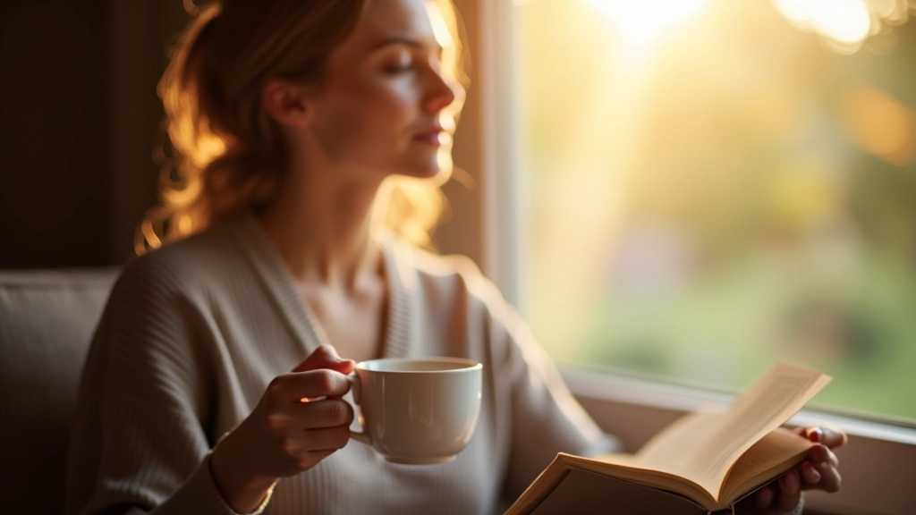 Osoba drží šálek čaje u okna, teplé světlo, klidné domácí prostředí, čtení knihy