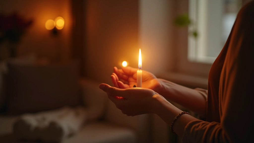 Osoba si zapálí svíčku a připravuje si klidný prostor v domácnosti k večernímu rituálu