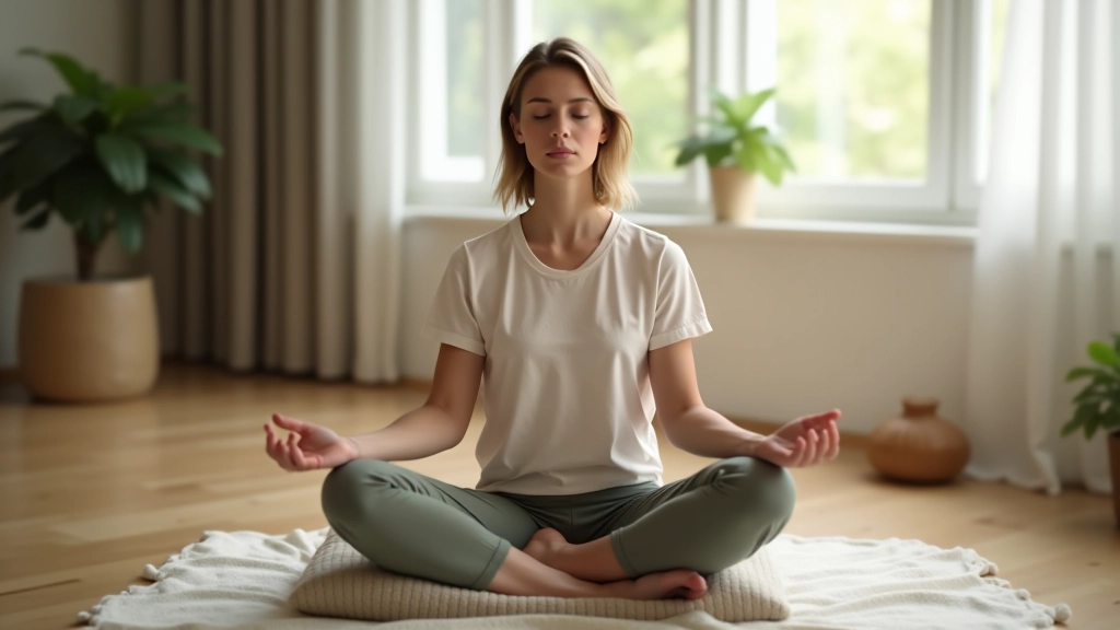 Osoba medituje v domácím prostředí, sedí v pohodlné poloze s zavřenýma očima