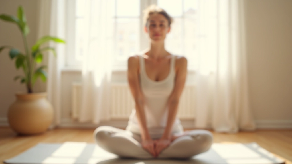 Žena v lehkém stretchi na maté, ranní světlo z okna, klidný domácí prostor