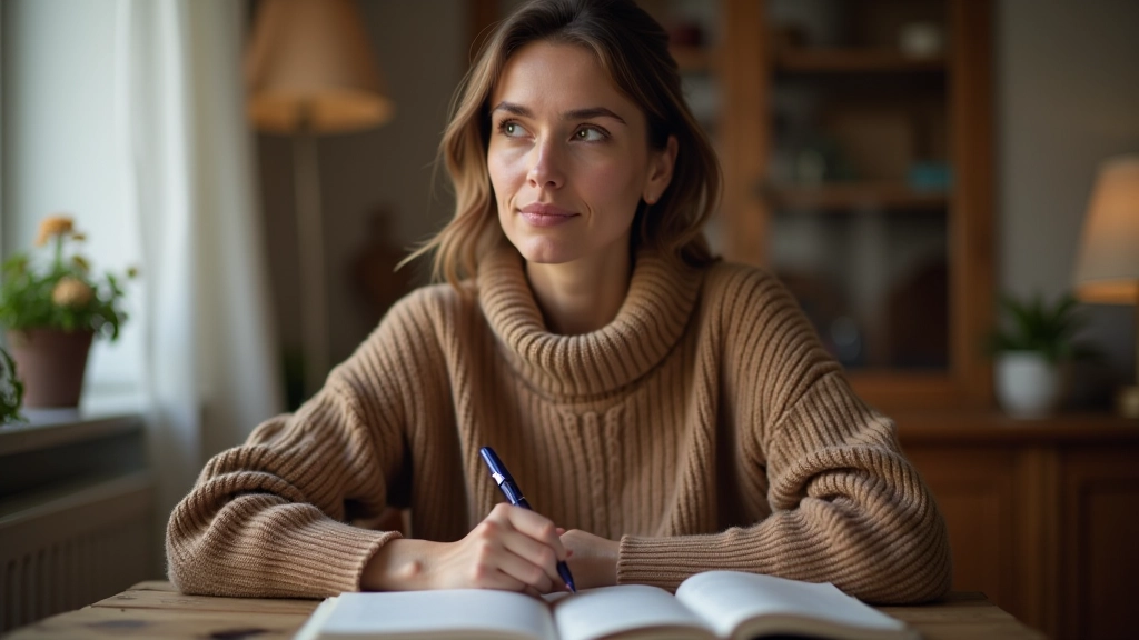 Žena s otevřeným deníkem a propisovací tužkou, zapisuje si poznámky o svých pocitech