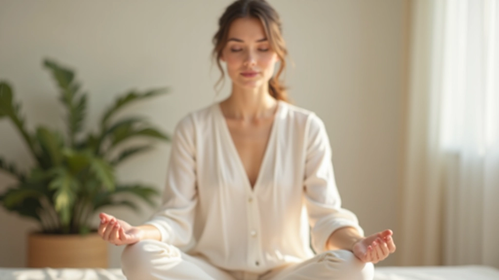 Žena sedící v meditativní poloze s rukama na srdci, klidné a jasné prostředí