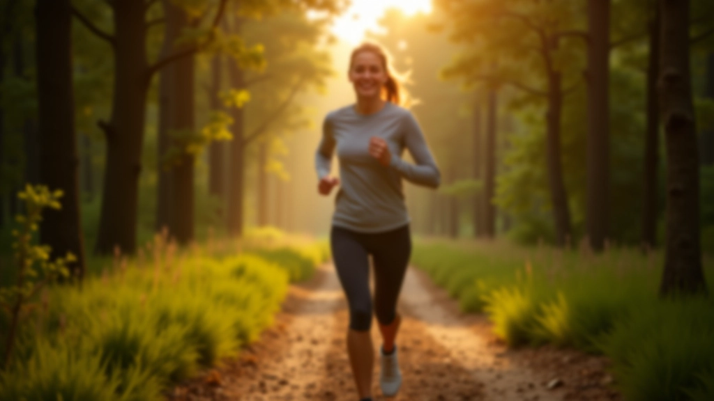 Sportovní činnost v přírodě — žena běží v lese po vycházce, přírodní prostředí